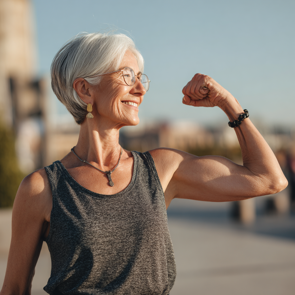 Confident elderly European woman doing stretching exercises in modern fitness studio, smiling warmly while demonstrating flexibility movements