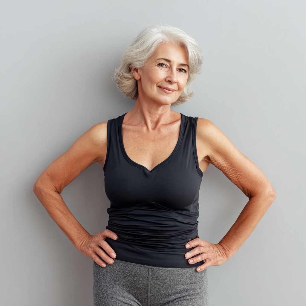 Elderly European man in comfortable workout clothes doing morning stretches in bright home setting, showing peaceful concentration and healthy aging